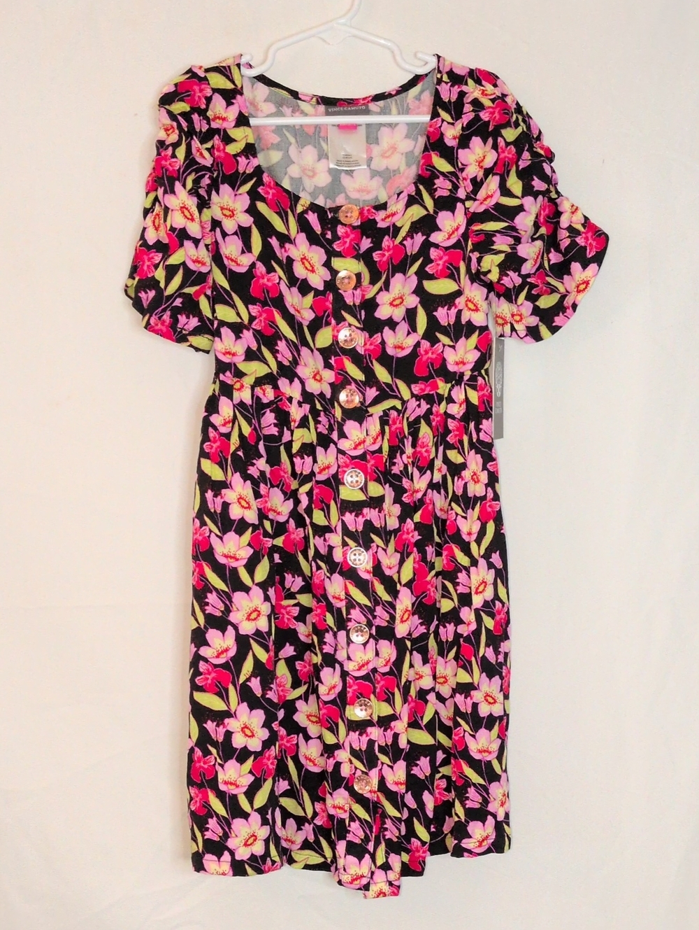 Girls NWT 8 Vince Camuto Black Floral Button-Front Short Sleeve Dress